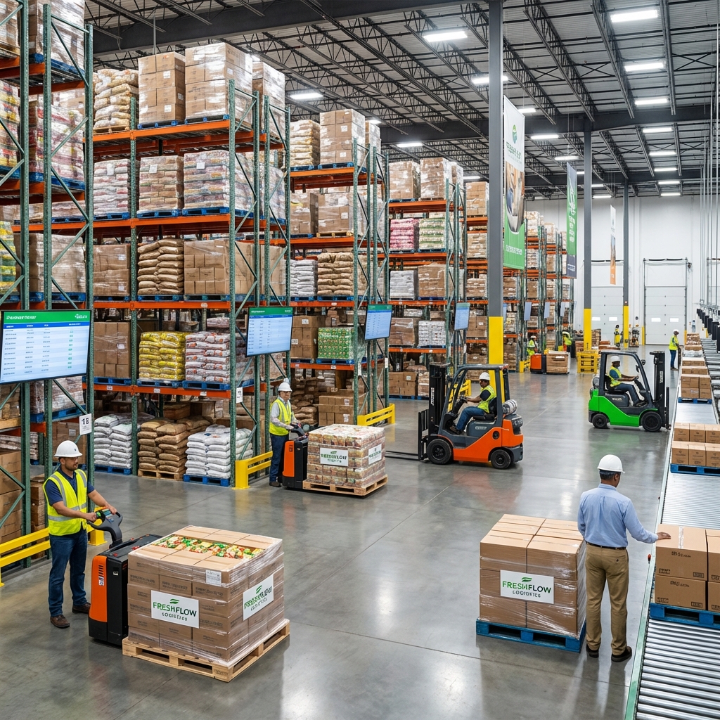 Modern wholesale food warehouse with organized distribution